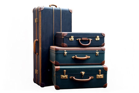 Old vintage suitcases at empty white isolated background. Two leather brown aged retro suitcase isolate for insertion in image. Travel vacation concept. Copy text space for advertisingの素材