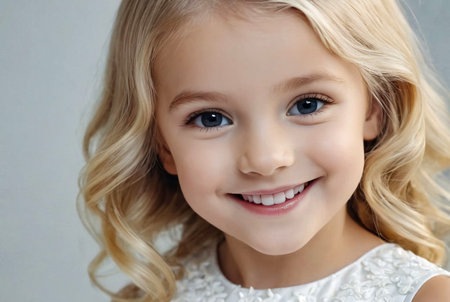 Close-up shot of adorable blonde little girl 5-6 year old wearing in white dress, looking at camera. Portrait of charming smiling girl kid posing indoors. Happy childhood concept. Copy ad text spaceの素材