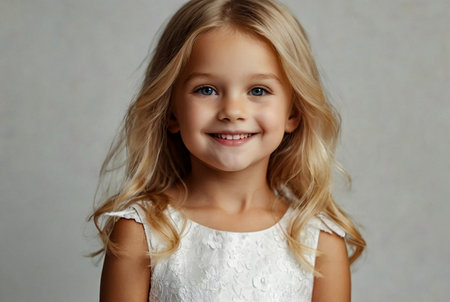 Close-up shot of adorable blonde little girl 5-6 year old wearing in white dress, looking at camera. Portrait of charming smiling girl kid posing indoors. Happy childhood concept. Copy ad text spaceの素材