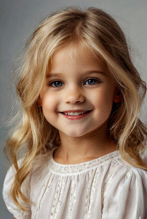 Close-up shot of adorable blonde little girl 5-6 year old wearing in white dress, looking at camera. Portrait of charming smiling girl kid posing indoors. Happy childhood concept. Copy ad text spaceの素材