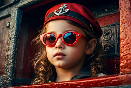 Close-up portrait of child girl in pirate image with reflection red eyeglasses posing in hold of ship at textured wall. Kid in pirates corsair costume. Theater performance concept. Copy ad text spaceの素材