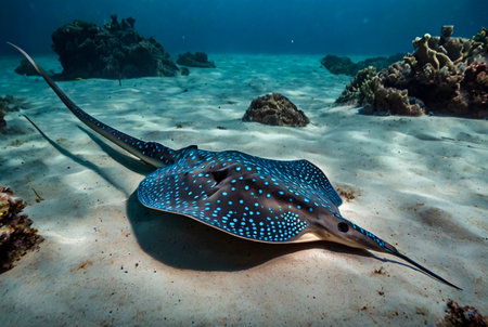 Blue spotted stingray (Myliobatoidei) cartilaginous fish on sandy bottom in tropical underwaters. Skate in underwater wild animal world. Observation of ocean wildlife. Scuba diving in Ecuador coastの素材