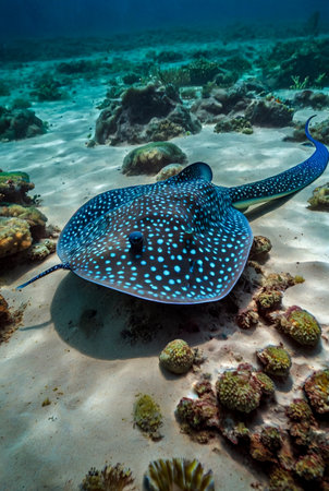 Blue spotted stingray (Myliobatoidei) cartilaginous fish on sandy bottom in tropical underwaters. Skate in underwater wild animal world. Observation of ocean wildlife. Scuba diving in Ecuador coastの素材