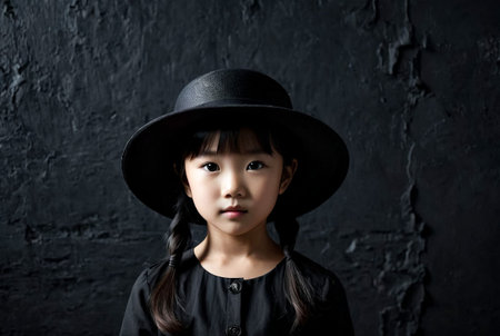 Portrait of child Asian girl in black stylish image with hat posing in dark old room at textured wall background, looking at camera. Kid in fashionable costume. Theater performance concept. Copy spaceの素材