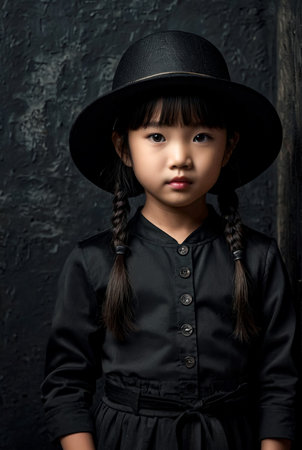 Portrait of child Asian girl in black stylish image with hat posing in dark old room at textured wall background, looking at camera. Kid in fashionable costume. Theater performance concept. Copy spaceの素材