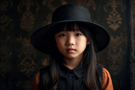 Portrait of child Asian girl in black stylish image with hat posing in dark old room at textured wall background, looking at camera. Kid in fashionable costume. Theater performance concept. Copy spaceの素材