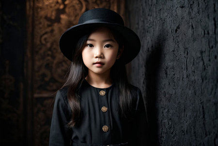 Portrait of child Asian girl in black stylish image with hat posing in dark old room at textured wall background, looking at camera. Kid in fashionable costume. Theater performance concept. Copy spaceの素材