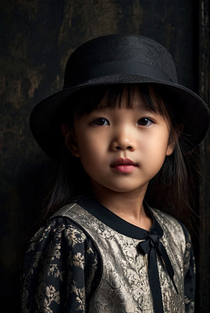Portrait of child Asian girl in black stylish image with hat posing in dark old room at textured wall background, looking at camera. Kid in fashionable costume. Theater performance concept. Copy spaceの素材