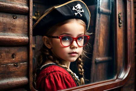 Close-up portrait of child girl in pirate image with reflection red eyeglasses posing in hold of ship at textured wall. Kid in pirates corsair costume. Theater performance concept. Copy ad text spaceの素材