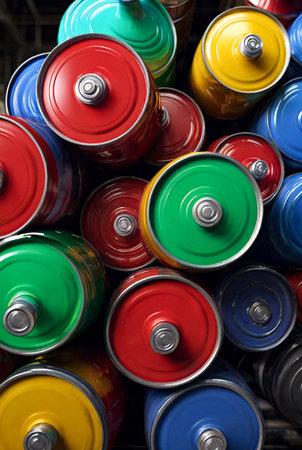 Close-up of some liquid cans stands on warehouse storage of chemical liquids. Background of storage containers in warehouse. Concept of warehousing and stored of goods. Copy ad text space for posterの素材