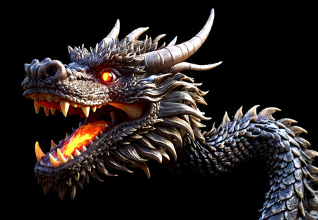 Generative Ai illustration of Fire chinese dragon head with flame fire. Logotype design concept. Cartoon illustration. Copy ad text spaceの素材