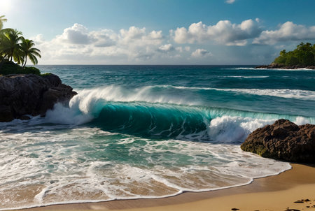 Amazing tropical backgrounds in paradise island beaches of South Africa. An ocean wave breaks on rocky coastlineの素材