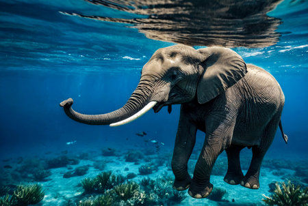 Generative Ai illustration of african elephant swimming blue underwater. Big elephant in ocean with reflections on water surface. Animal wildlife concept. Cartoon illustration. Copy ad text spaceの素材