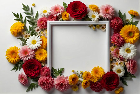 Cartoon flowers illustration. Creative layout made with flowers and white frame. Spring minimal concept. Natural background. Copy ad text spaceの素材