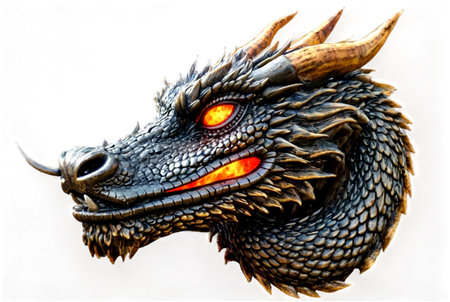 Logotype of fire Chinese dragon head with flame fire, colorful image. Symbol and fantasy mascot monster for design ideas. Logotypes design concept. Generative Ai cartoon illustration. Mock-up posterの素材