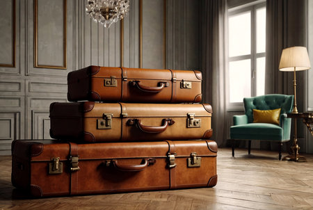 Vintage old classic outdated leather suitcases in interior of bright room by sofa. Background with suitcases of various designs and colors. Let's sit on the path! Concept Luggage for travel. Copy spaceの素材