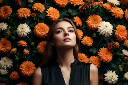 Elegant pensive young lady in black shirt posing at flowers wall background, looking up. Portrait of chic blonde dancer woman with curly hair, thoughtful. Dance psychology concept. Copy ad text spaceの素材