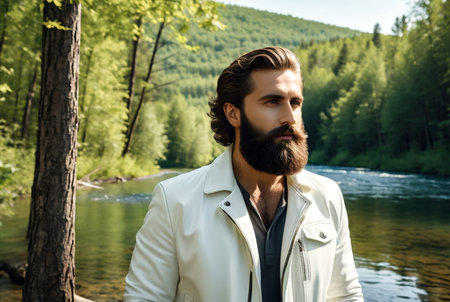 Confident bearded jewish man in white jacket at forest river water background, looking at camera. Male posing spending summertime in countryside. Lifestyle concept, fresh air. Copy ad text spaceの素材