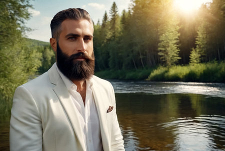 Confident bearded jewish man in white jacket at forest river water background, looking at camera. Male posing spending summertime in countryside. Lifestyle concept, fresh air. Copy ad text spaceの素材