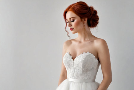 Portrait of bride Irish lady in white wedding dress with red hair at white wall, closed eyes. Fashionable pretty woman with flowers bouquet. Fashion trendy style beauty concept. Copy ad text spaceの素材