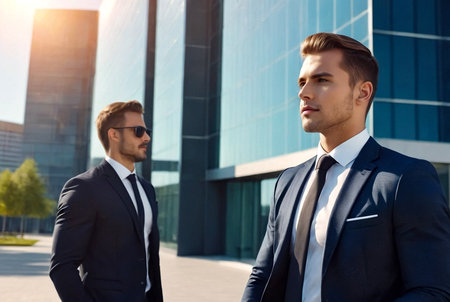 Confident young man businessman in suit with briefcase posing at business building corporate company, positive looking away. Male near office house located in financial district. Copy ad text spaceの素材