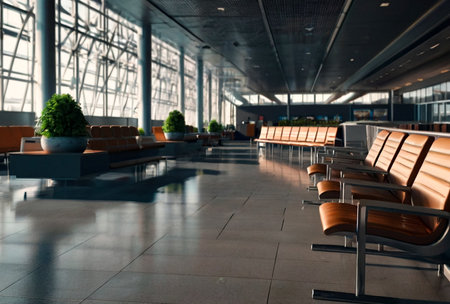 Empty waiting area in terminal International Airport. Modern lounge wait room with seats. No passengers, no vacation. Concept Air Transportation industry. Copy text spaceの素材
