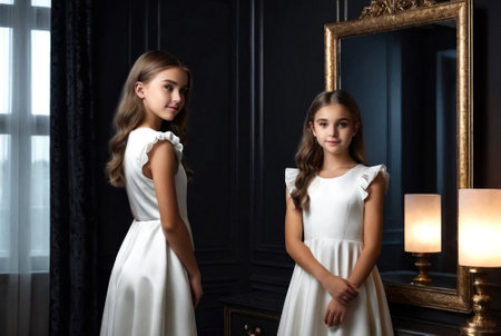 Portrait cute teen girl in an elegant white dress at mirror in dark stylish interior of living room. Teenager standing and posing, looking at reflection. Concept of style, fashion and beautyの素材