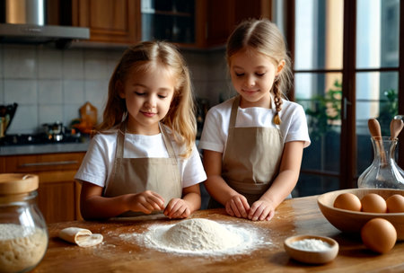 Two adorable little girls kids in kitchen cooking from dough and flour at home. Funny children 5 year old together making domestic family surprise. Enjoy culinary process concept. Copy ad text spaceの素材