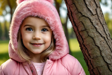 Portrait of funny little girl 5-6 year old in pink jacket peeking out from behind tree, smile looking at camera. Joyful girl kid walking in urban park. Childhood emotion concept. Copy ad text spaceの素材