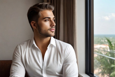 Portrait of young man in white shirt in hotel room posing looking at window. Confident guy groom dressing getting ready to meet bride. Concept of young family, happy married. Copy ad text spaceの素材