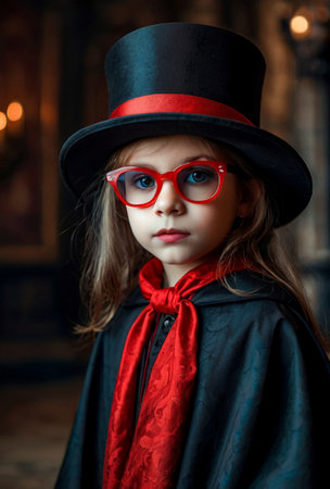 Portrait of vampire in cloak, top hat and blood glasses in underground castle room, looking at camera. Cover girl child actress in Dracula image indoors. Theater performing concept. Copy ad text spaceの素材