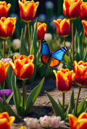 Vibrant tulips and butterflies on spring day, sunshine. Colorful tulips with butterflies against soft blue sky, symbolizing freshness. Spring nature concept. Copy ad text space. Generate AIの素材
