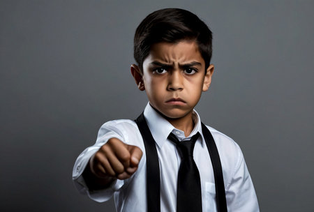 Serious boy in shirt and tie shows fist to revenge or threatening with angry look. Annoyed face boss, looking at camera. Evil teen child on isolate black background. Child emotion concept. Copy spaceの素材