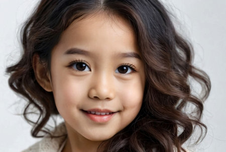 Portrait smiling pretty Asian little girl with long curly hair posing at white background, looking at camera. Studio shot stylish funny small model preschool age. Fashion education concept. Copy spaceの素材