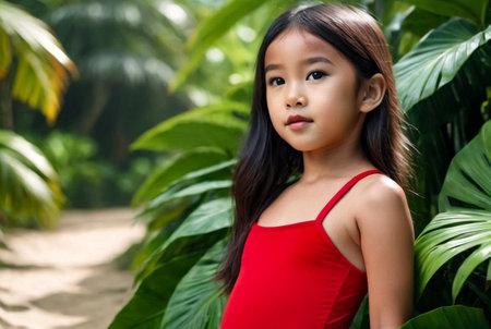 Portrait suntan Asian little girl in red swimsuit posing at tropical summer greenery, looking away. Young lady kid model in swimwear. Childhood vacation concept. Copy text space for advertisingの素材