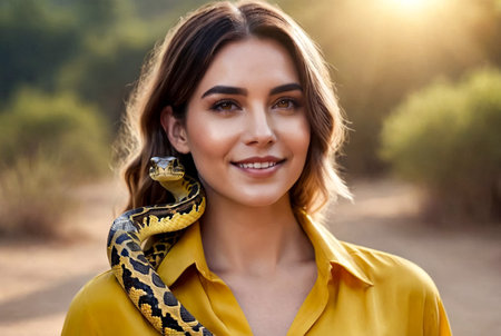 Young woman tourist in yellow shirt holding snake python on shoulders and hands in Sri Lankan nature background. Cute lady traveler enjoying at tropical journey, Sri Lanka. Copy advertising text spaceの素材