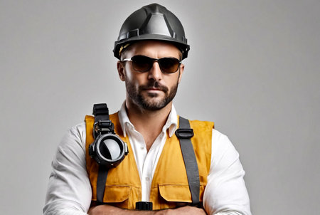 Portrait industrial mountaineer worker in uniform and sunglasses on white empty isolated background, looking at camera. Rope access laborer posing. Concept of industry urban works. Copy ad text spaceの素材