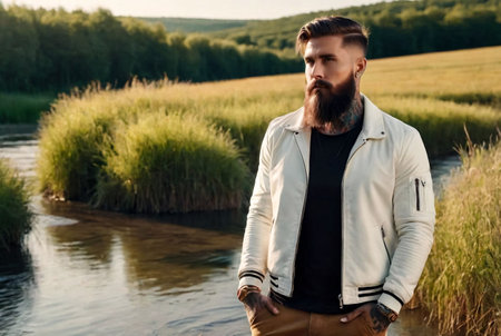 Portrait of bearded jewish man in white jacket handshake at forest, looking at camera. Guy spending summertime in countryside outdoor. Lifestyle concept walk in fresh air on nature. Copy ad text spaceの素材