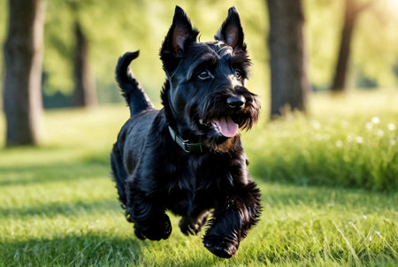 Black puppy Scottish terrier runs on green grass with stick in teeth in natural park. White funny little Scottish terrier dog playing on walk in nature, outdoors. Pet love concept. Copy space for siteの素材