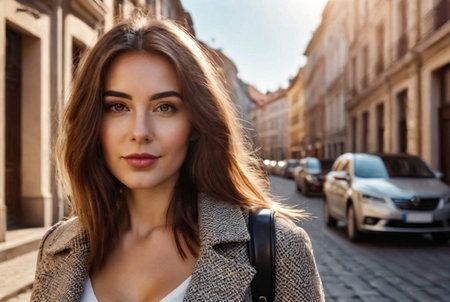 Portrait young tourist woman, walking and enjoying sights of St. Petersburg. Concept of amazing travel and unforgettable adventures. Copy spaceの素材
