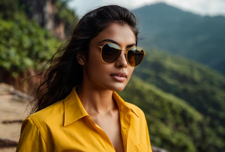 Perfect adult woman posing at Sri Lankan Adam peak mountain in sight, landmark nature, looking at camera. Lovely lady in sunglasses enjoying at tropical journey, Ella, Sri Lanka. Copy ad text spaceの素材