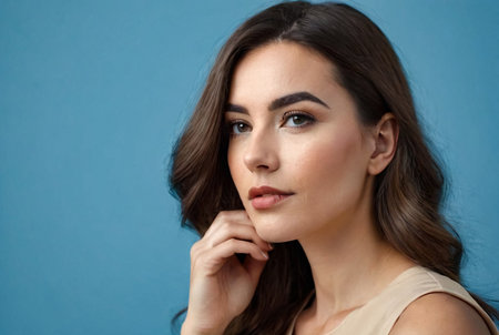 Portrait of thinking young woman in stylish beige dress posing at blue wall backdrop, bored looking away. Pretty lady in living room at home, lifestyle. Human emotions concept. Copy ad text spaceの素材