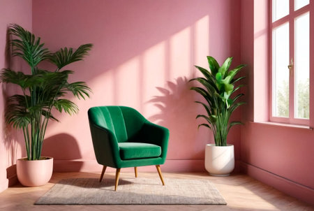 Color image stylish armchair and green house plant in interior domestic room with sunlight from window. Home composition of cozy living room with chair at pink background. Copy text spaceの素材