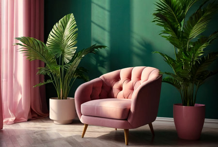 Color image stylish armchair and green house plant in interior domestic room with sunlight from window. Home composition of cozy living room with chair at pink background. Copy text spaceの素材