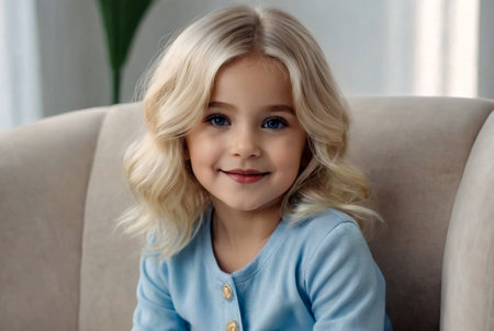 Little girl 4-5 years old blonde princess model in stylish casual clothes standing in living room looking at camera, smiling. Fashionable young lady model at home. Childhood concept. Copy text spaceの素材
