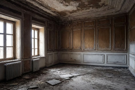 Background of old interior of an abandoned communal apartment, dirty room, rotten peeling walls. Old Soviet Russian past of poor interior. Scuffed floor. Stripped wallpaper on the wall. Repair conceptの素材