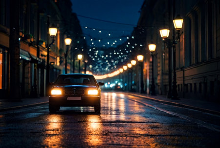 Abstract bokeh background of night street with car and street lamps. City life, defocused lights from cityscape, style color tone. Concept of abstract stylish urban backgrounds for design. Copy spaceの素材