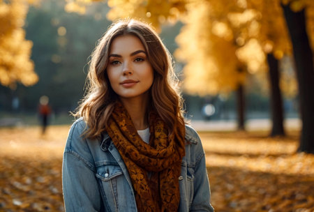 Portrait of cute young woman of Slavic appearance with leaves in casual wear in autumn, standing against background of an autumn Park. Pretty female walking in Park in golden fall. Copy spaceの素材
