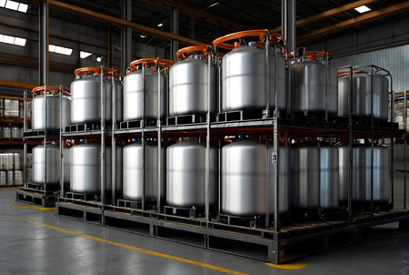 Close-up of some liquid cans stands on warehouse storage of chemical liquids. Background of storage containers in warehouse. Concept of warehousing and stored of goods. Copy ad text space for posterの素材