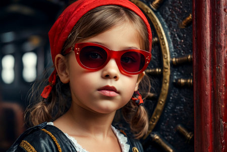 Close-up portrait of child girl in pirate image with reflection red eyeglasses posing in hold of ship at textured wall. Kid in pirates corsair costume. Theater performance concept. Copy ad text spaceの素材